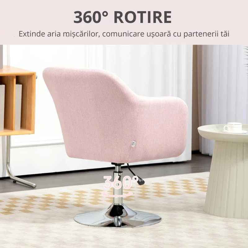 HOMCOM Fotoliu de living perne lombare înălțime reglabilă pivotant 360° picior cromat metal roz