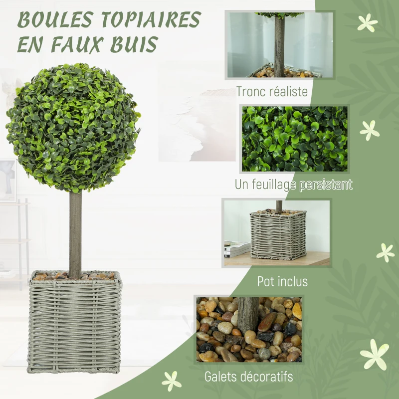 HOMCOM Lot de 2 plantes artificielles décoratives, boules de buis artificiel 50 cm avec pot en plastique tressé et galets, vert