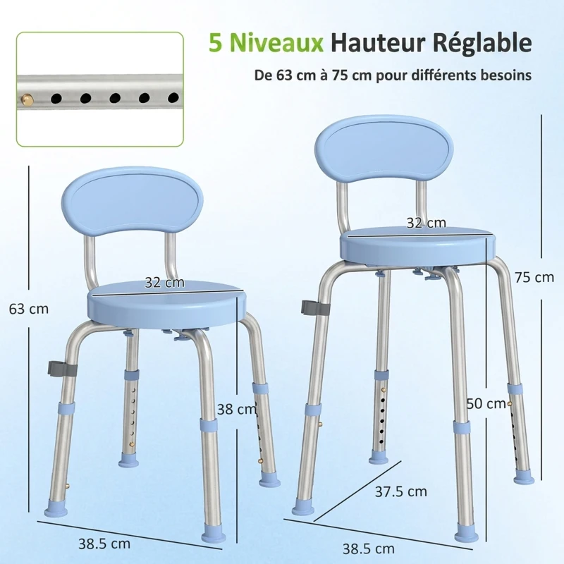 HOMCOM Tabouret de Douche Ronde Pivotant 360°, Hauteur Réglable, Dossier, Pieds Antidérapants, 38,5x37,5x75cm, Bleu Clair