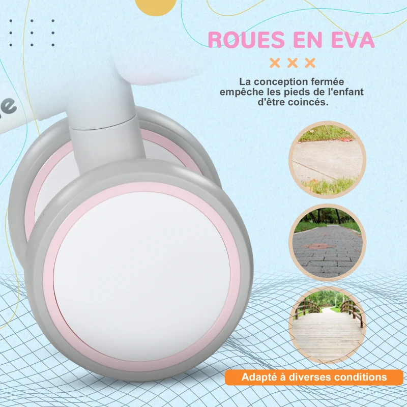 AIYAPLAY Draisienne vélo Enfant 4 roues selle réglable, guidon ergonomique alliage alu. PP, enfant 1 à 3 ans - Gris Blanc Rose