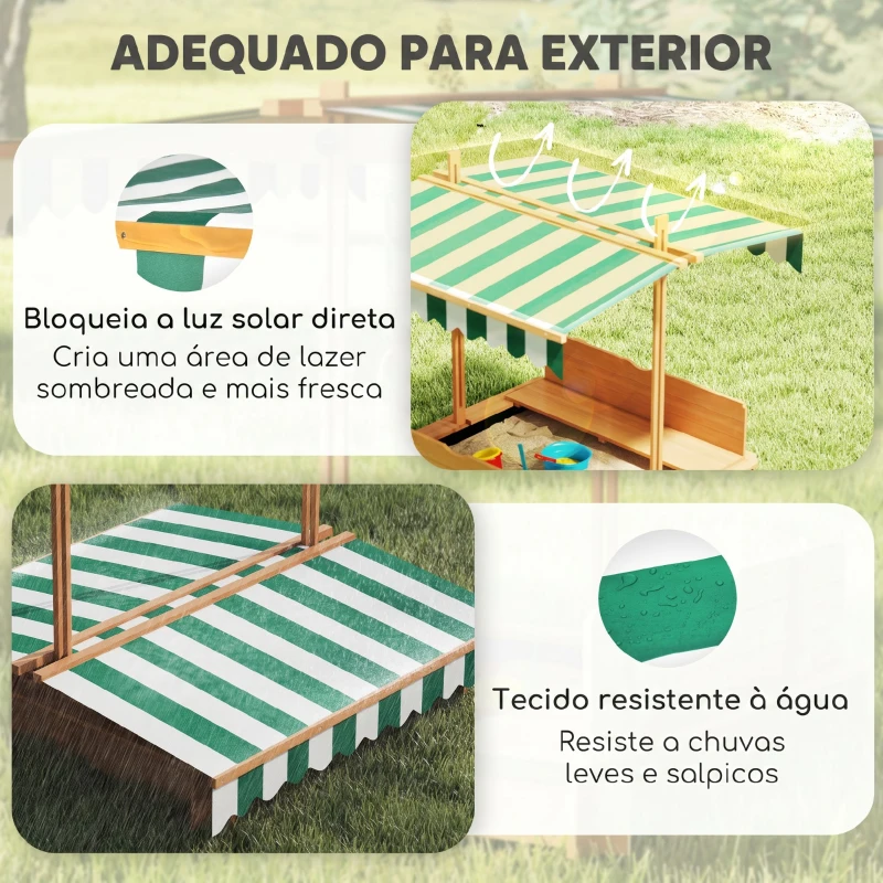 Outsunny Caixa de Areia para Crianças de Madeira com Toldo Ajustável em Altura 2 Bancos e Encostos para Jardim 106x106x121 cm Natural