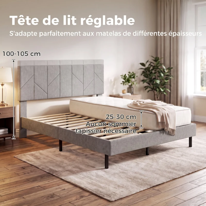 HOMCOM Cadre de Lit 140 x 190 cm avec Sommier et Tête Réglable, Lit Double Rembourré en Lin, Rangement au-dessous, Gris