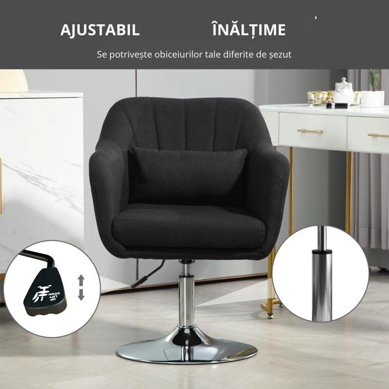 HOMCOM Fotoliu rotativ, fotoliu de birou reglabil pe înălțime, material textil de in, metal, 60 x 60 x 79-91 cm, Negru