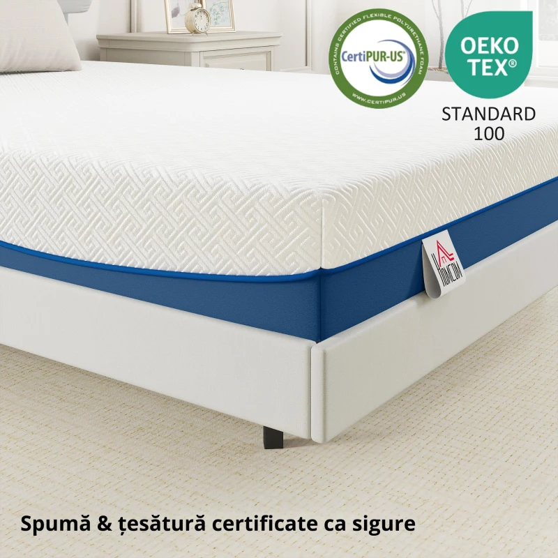 HOMCOM Saltea 140x190cm, saltea 2 persoane, spumă cu memorie infuzată cu ceai verde, husă detașabilă lavabilă, fermitate medie