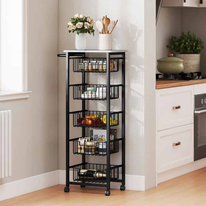 HOMCOM Five Basket Mobile Kitchen Island, with Brakes - Grey/Black