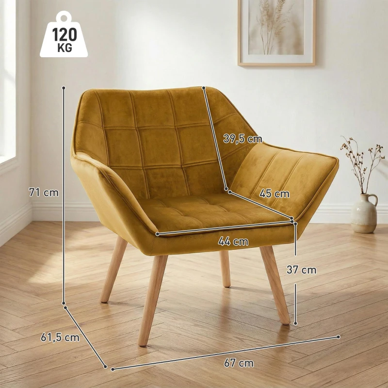HOMCOM Fotoliu Tapitat, Fotoliu Cu Accente, Design Nordic, Efect De Catifea, până la 120 kg, picioare din lemn de cauciuc, Galben