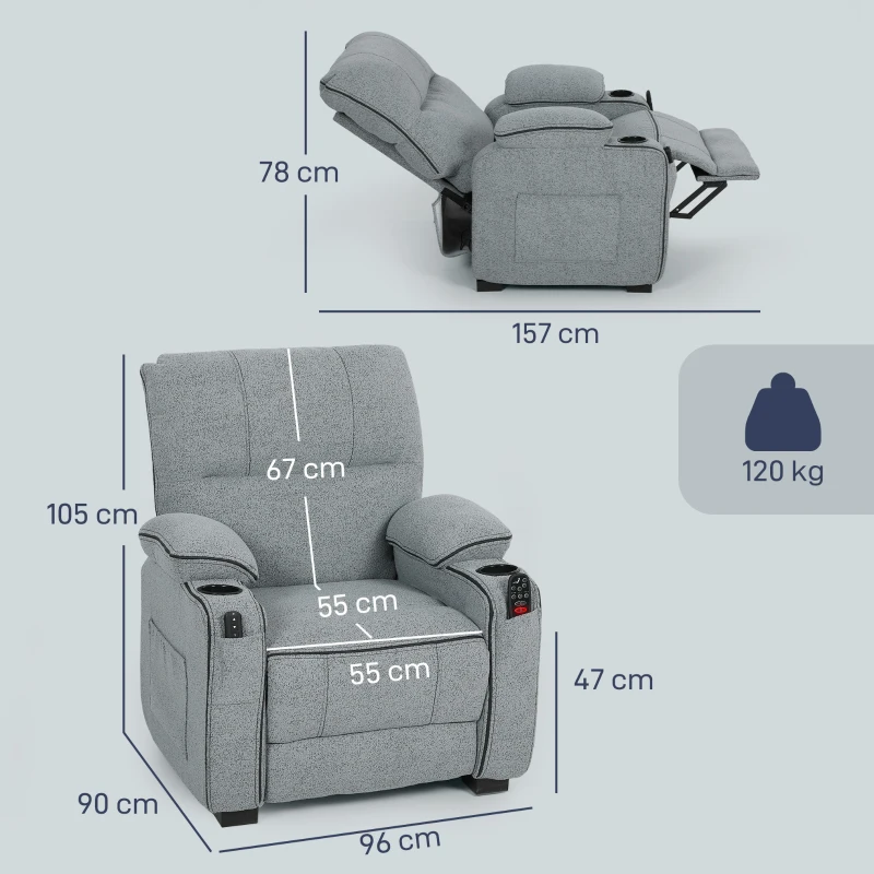 HOMCOM Electric Massage Recliner Armchair with Vibration, Heat, Whisper-Quiet Motor, Memory Function, Velvet Power Reclining Chair with Spring Pack, USB Port, Footrest, Side Pockets, Cup Holders, Grey