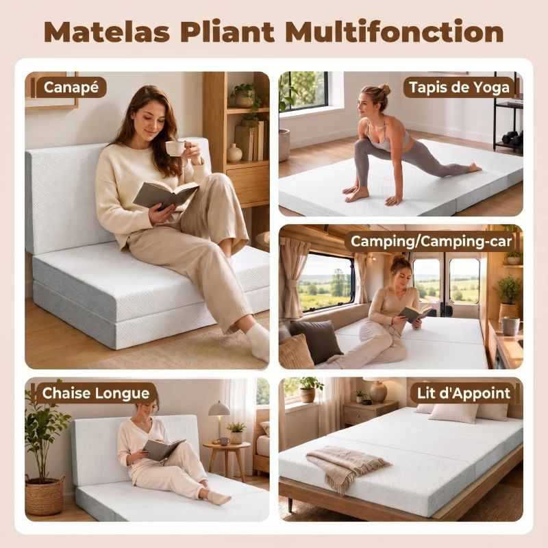 HOMCOM Matelas Pliant en 3 Parties, 140x190x15cm, Matelas d'Appoint en Mousse à Mémoire de Forme au Gel, Blanc