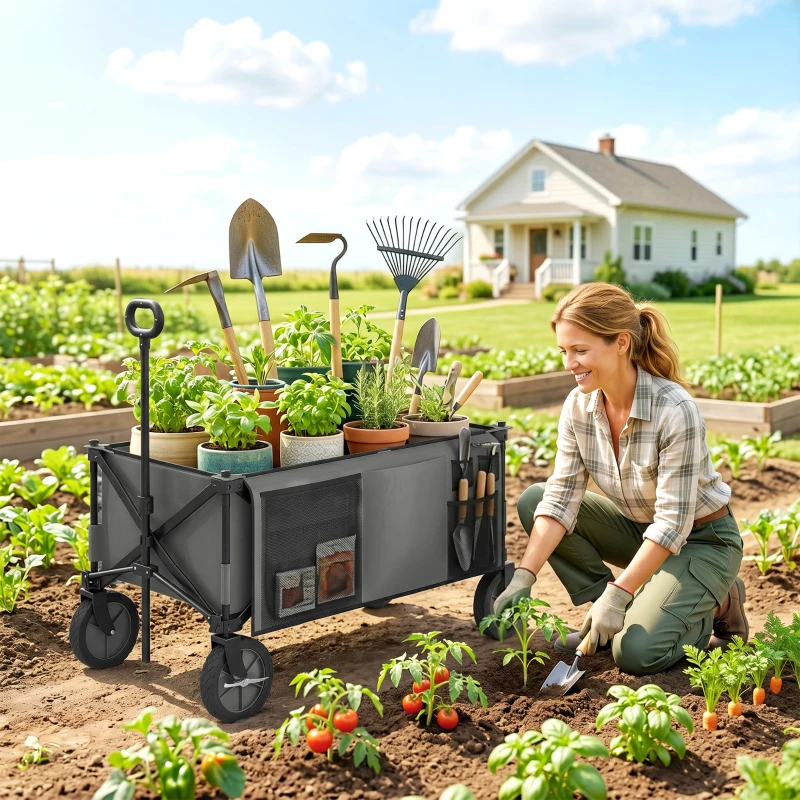 Outsunny Chariot de jardin pliable bâche amovible poignée télescopique inclinaison réglable 5 sacs 108 x 55 x 93 cm gris foncé