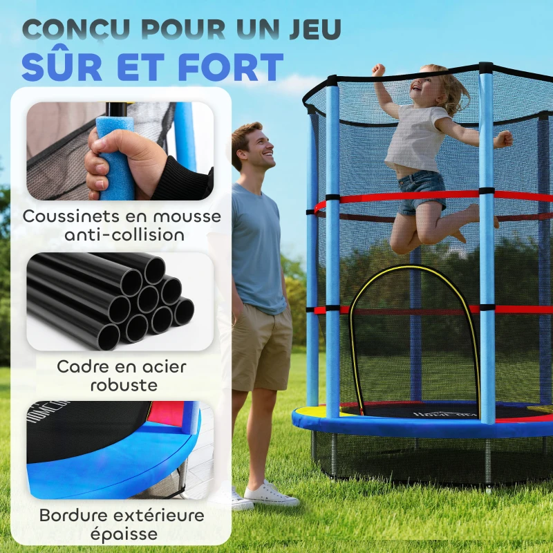 HOMCOM Trampoline pour enfant filet de sécurité porte zippée 6 poteaux rembourrés charge max. 45 kg Ø 1,40 x 1,90H m multicolore