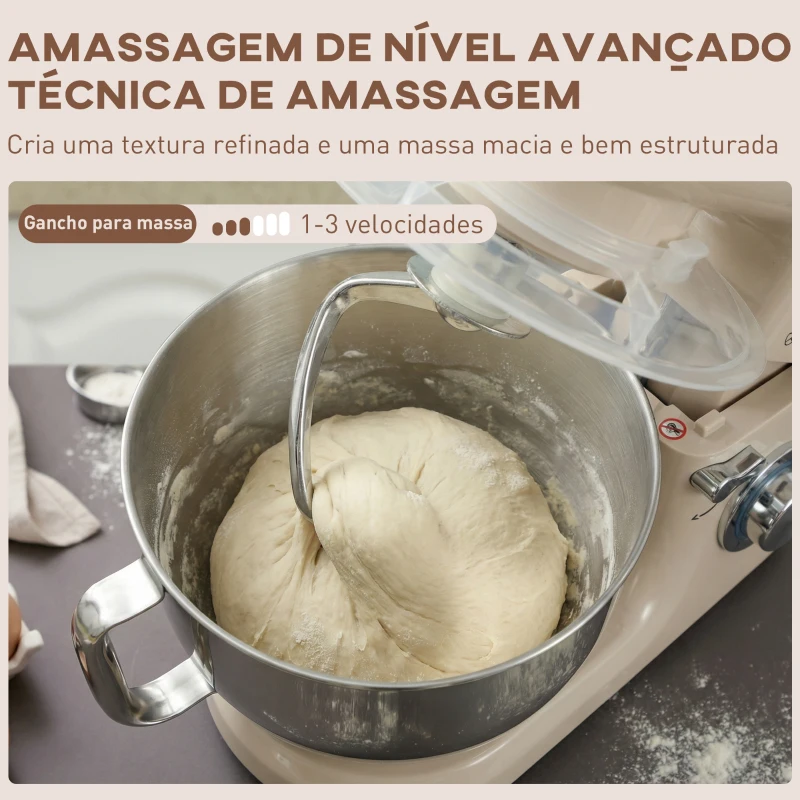 HOMCOM Batedeira Planetária 4,5L 1300W 6 Velocidades Taça de Aço Inoxidável Batedor Gancho Varas Bege