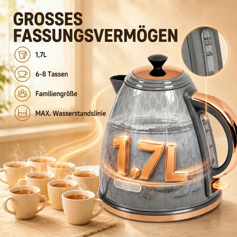 HOMCOM Waterkoker 2200W met kijkvenster, filter en snelkookfunctie, grijs