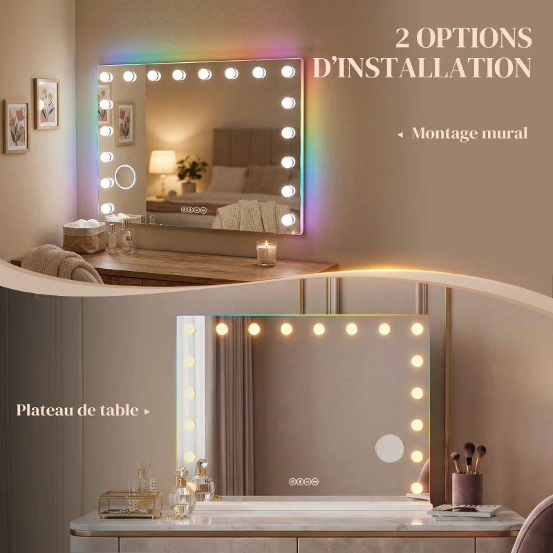HOMCOM Miroir maquillage Hollywood 18 ampoules LED, 3 couleurs d'éclairage, lumière RGB, haut-parleur Bluetooth, blanc