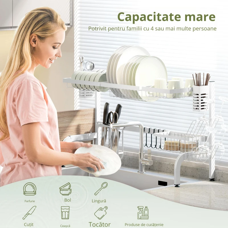 HOMCOM Scurgător din oțel cu 2 niveluri pentru chiuvetă, cu suport pentru tocător și tacâmuri, 100x30x54,5cm, alb