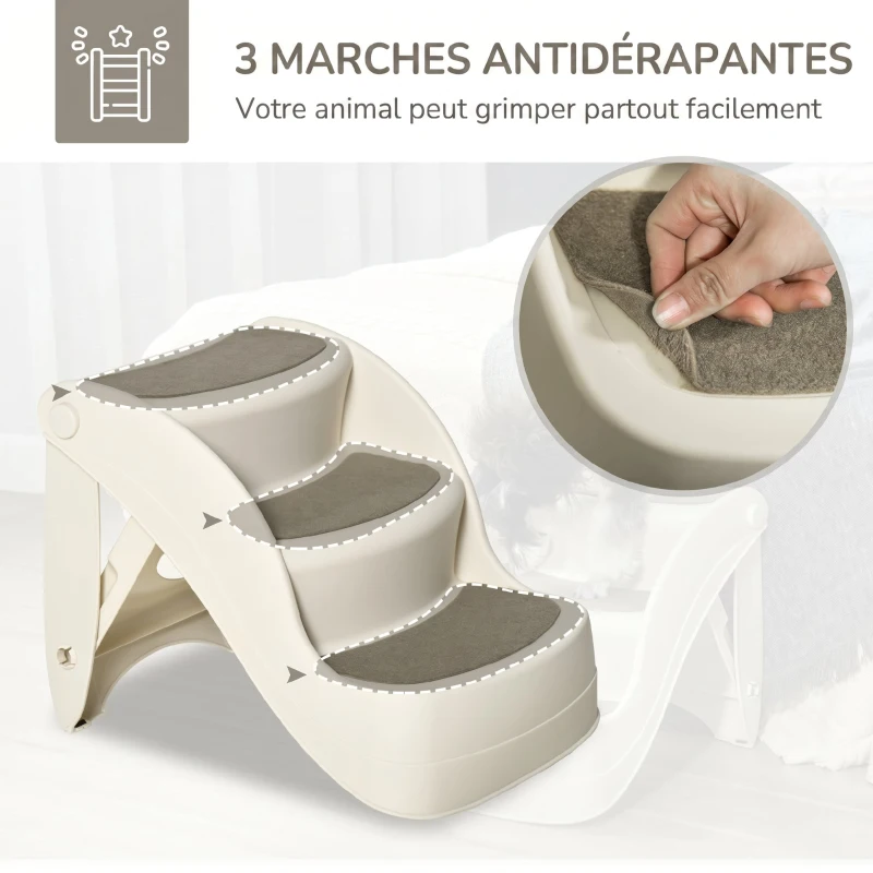 PawHut Escalier pour Chien Pliant à 3 Marches Antidérapantes, pour Chiens Âgés, Chiots, Lit, Canapé, 49x38x38cm, Crème