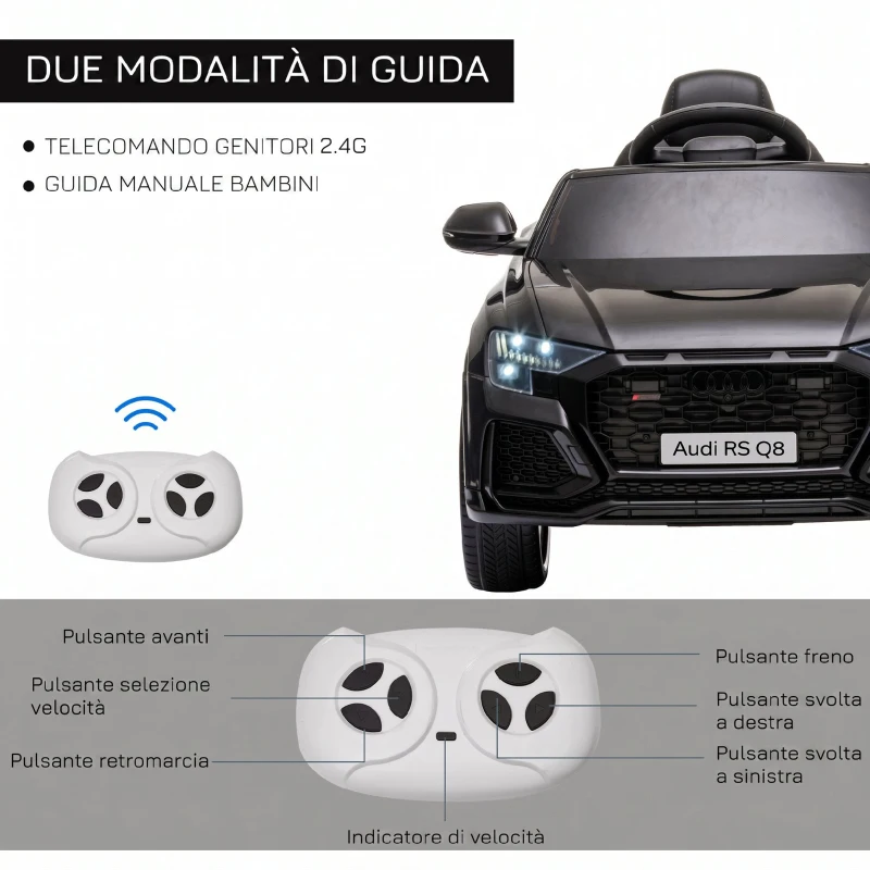 HOMCOM Macchina Elettrica per Bambini 3-5 Anni 6V Audi RS Q8 Autentica, 1.5-3km/h, con Telecomando e Musica, Nero