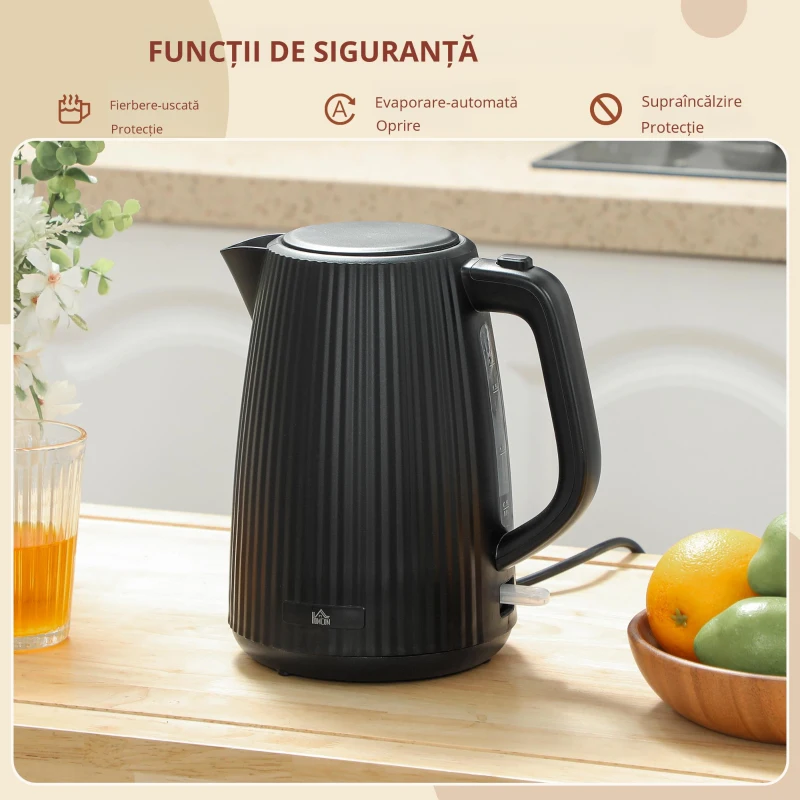 HOMCOM Fierbător Electric 1,7L 2200W cu Filtru Anticalcar Detașabil Oprire Automată Bază Rotativă 360° Negru