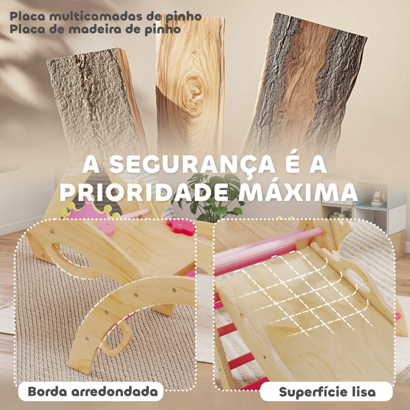 AIYAPLAY Conjunto de Escalada em Madeira para Crianças Tema de Coroa com Arco e Rampa para Deslizar ou Escalar  Rosa