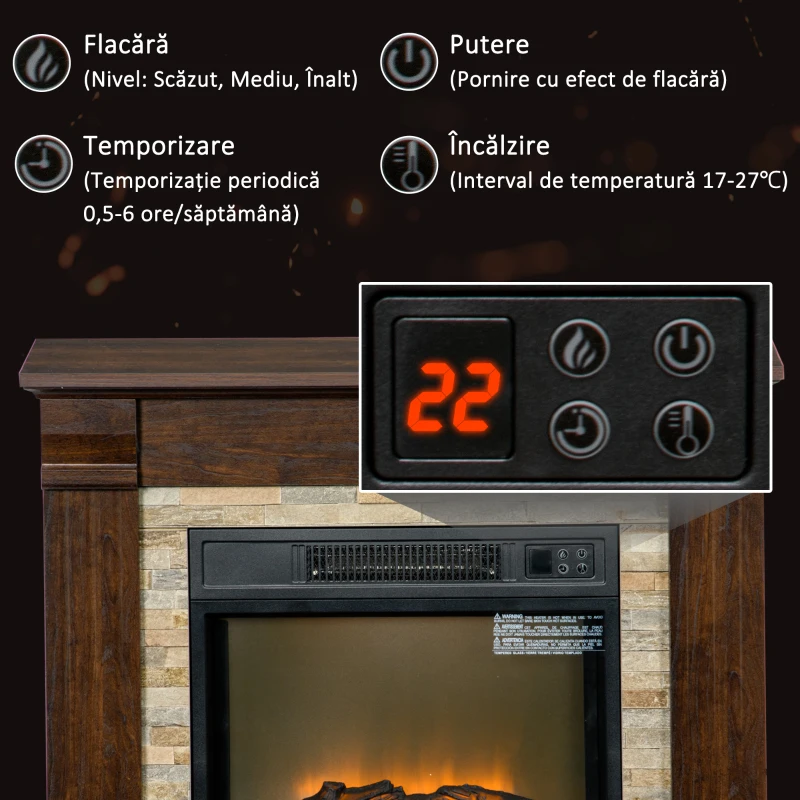 HOMCOM Șemineu Electric de Podea cu Temporizator, Flacără și Temperatură Reglabilă, 80x21,6x67,8 cm, Maro