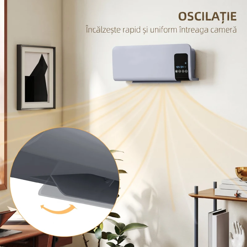 HOMCOM Ventilator Termic de Perete Oscilant cu Telecomandă, Temporizator 12h și 2 Moduri, 54.5x12x21.5 cm, Gri