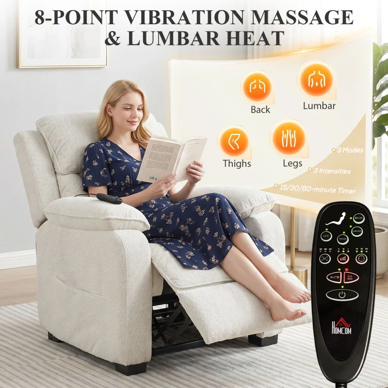 HOMCOM Power Recliner Armchair with Massage and Heat, Electric Reclining Chair with Wide Spring Seat, Cream White