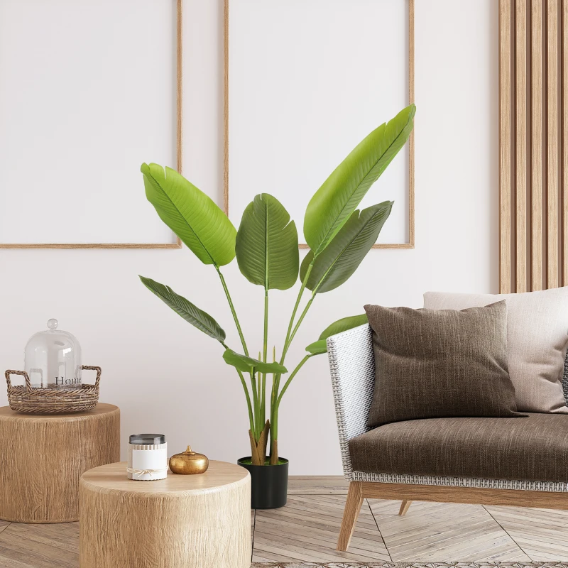 HOMCOM Planta Artificial Decorativa 109 cm Bananeira Artificial com Vaso e Folhas para Interior Casa Sala de Estar Escritório Verde
