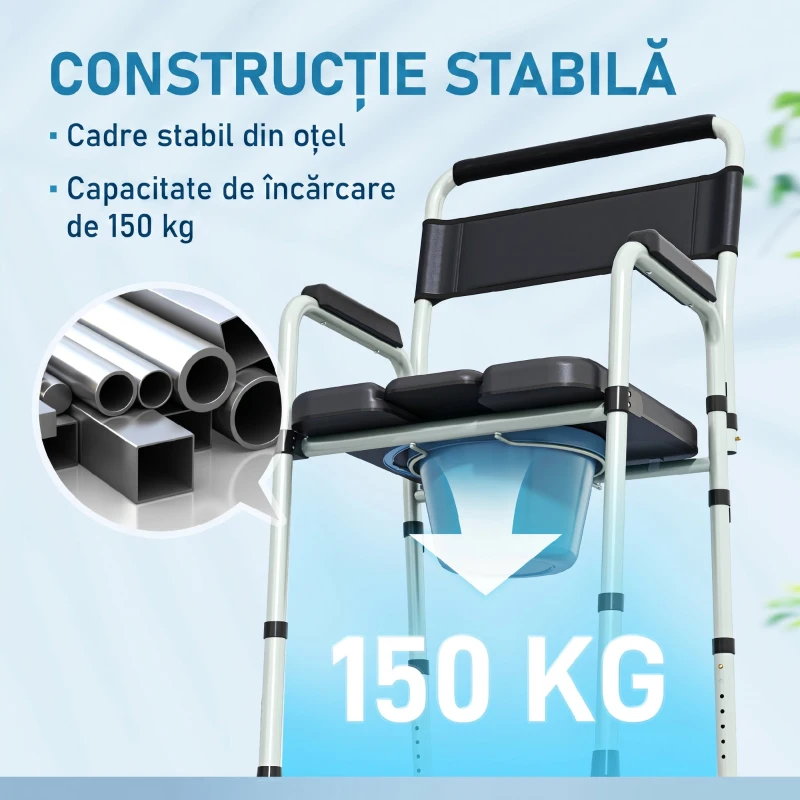 HOMCOM Scaun WC Pliabil și Reglabil cu Brațe și Spătar, din Oțel și Piele PU, 52.5x46x81.5-97 cm, Negru