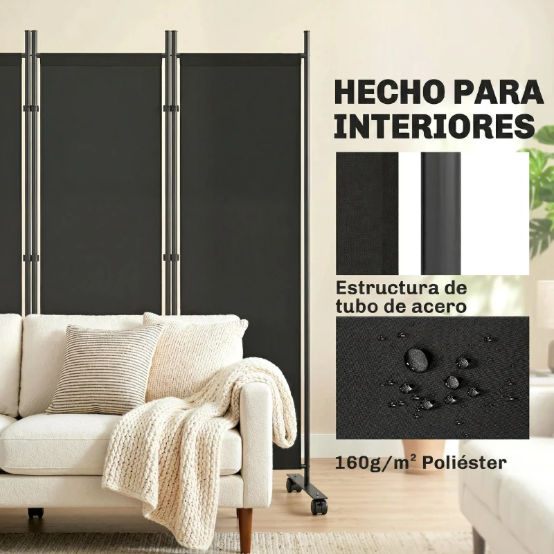 Outsunny Biombo Plegable de 5 Paneles con 12 Ruedas 252x170 cm Biombo Separador de Ambientes Montaje Personalizado Negro