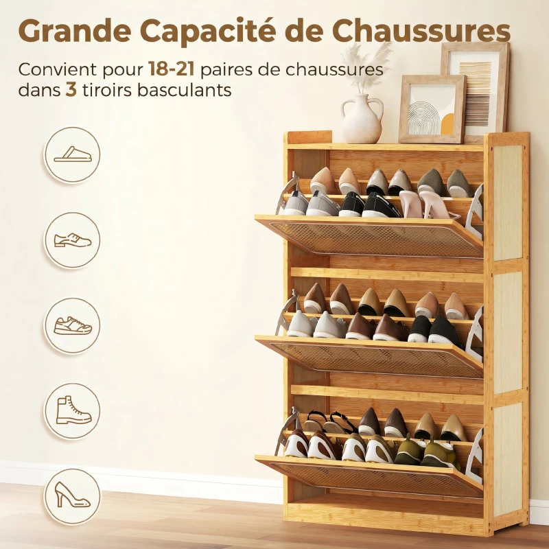 HOMCOM Meuble à chaussures 14 paires, armoire à chaussures 3 tiroirs rabattables, étagères réglables 69x29x119,8cm bois naturel