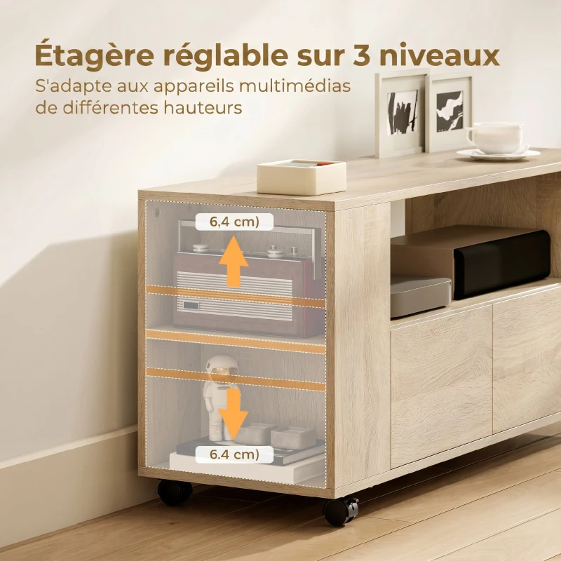HOMCOM Meuble TV sur roulettes 102 cm, meuble télé pour téléviseur jusqu'à 42 pouces, 2 tiroirs, compartiments ouverts, naturel(m-6)