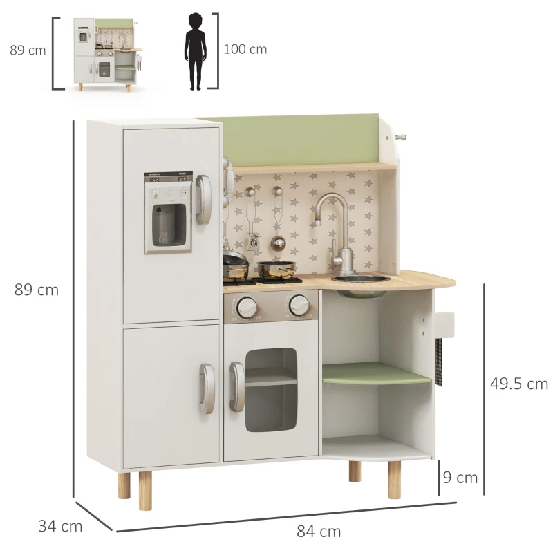 AIYAPLAY Cozinha de Madeira para Crianças com Máquina de Gelo Lavatório de Aço Inoxidável e Utensílios 84x34x89 cm Branco