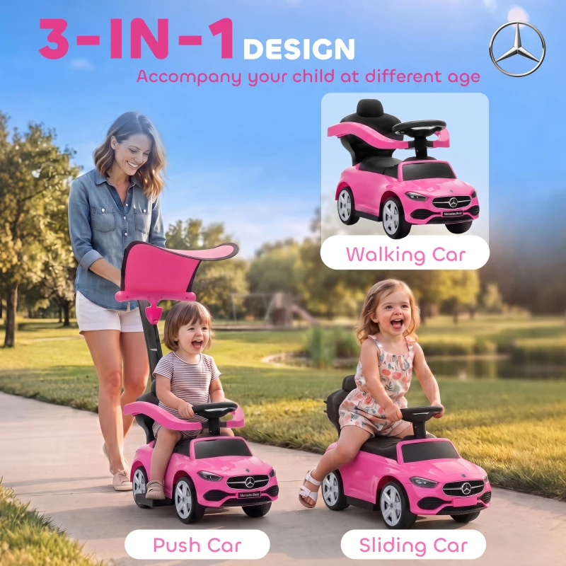 AIYAPLAY 3 in 1 Licensed Benz Ride on Push Car with Handle, Canopy, Guardrails, Horn, Music, Storage for 12-36 Months, Pink