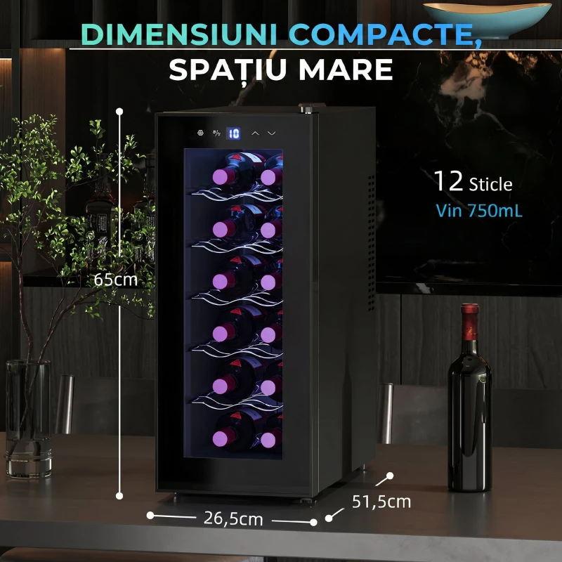 HOMCOM Frigider pentru 12 sticle cu Control Dublu al Temperaturii, Rafturi Reglabile și Iluminare, Negru