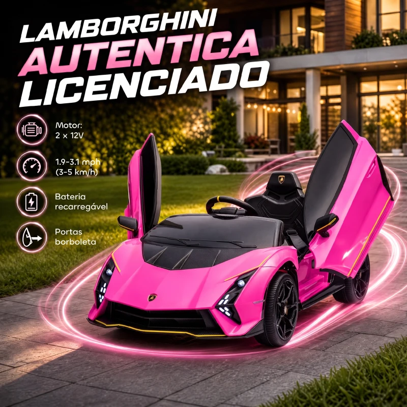 AIYAPLAY Carro Elétrico para Crianças Lamborghini 12V Controlo Remoto Faróis Buzina Arranque Lento e Música MP3 114,5x64x45,5 cm Rosa