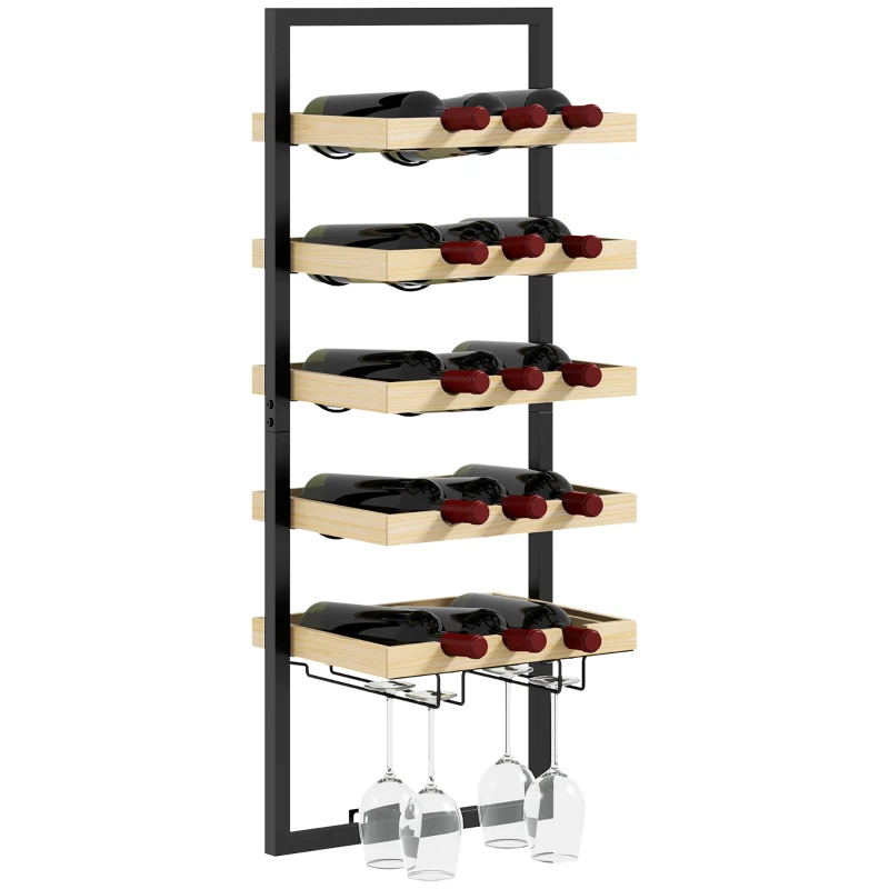 HOMCOM Étagère à bouteille casier à bouteille 5 niveaux pour 15 bouteilles 4 verres 35 x 25 x 86 cm bois de pin bois naturel