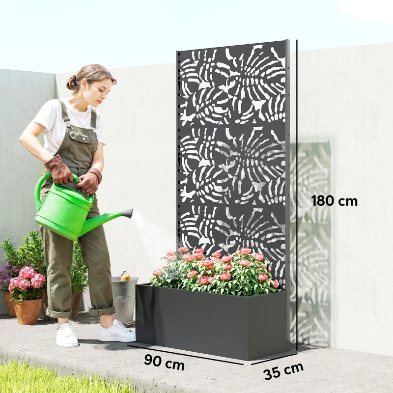 Outsunny Jardinière avec treillis, bac à fleurs, avec brise-vue, pour plantes grimpantes, métal, 90 x 35 x 180 cm, noir