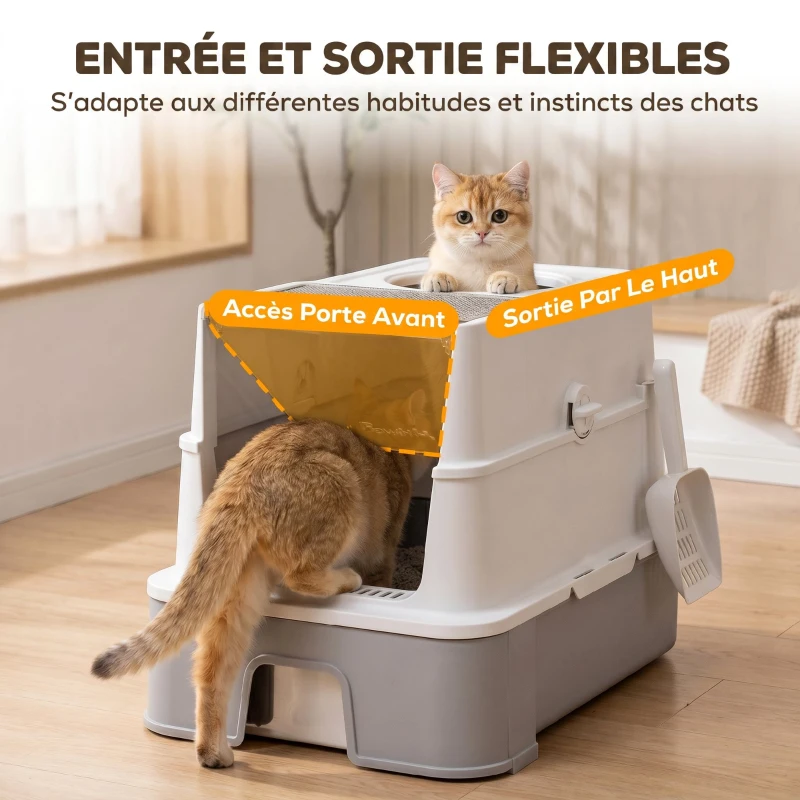 PawHut Bac à Litière pour Chat en Inox, Tiroir Coulissant, Couvercle Amovible, Pelle, Sacs Filtrants，Pédale, 60x40x45cm, Gris