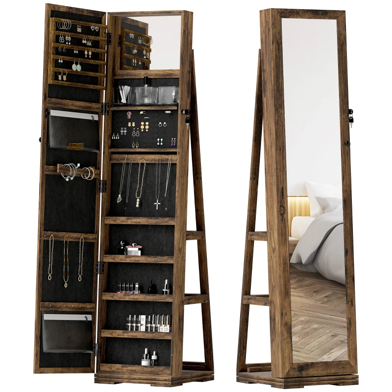 HOMCOM 360° Swivel Jewellery Cabinet, Free Standing Full Length Mirror with Storage, Lockable Jewellery Organiser with Built-in Makeup Mirror and Storage Shelves for Bedroom, Rustic Brown