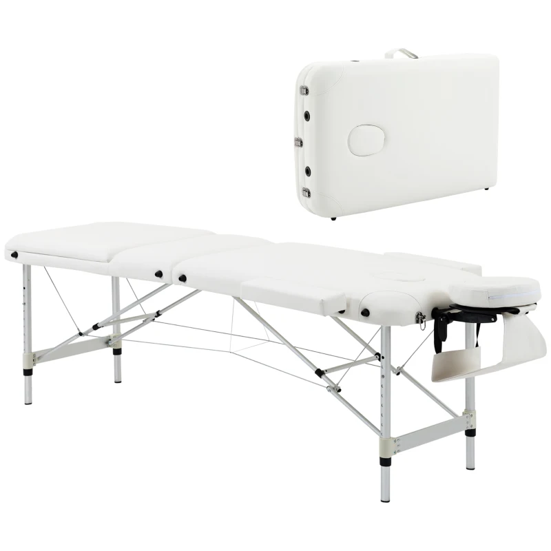 HOMCOM Mobile Massageliege 3 Zonen Klappbar Massagetisch mit Kopfstütze Armlehne Tragetasche höhenverstellbare Aluminium Massagebett tragbar inkl. Zubehör Massagebank bis 225 kg Belast Weiß