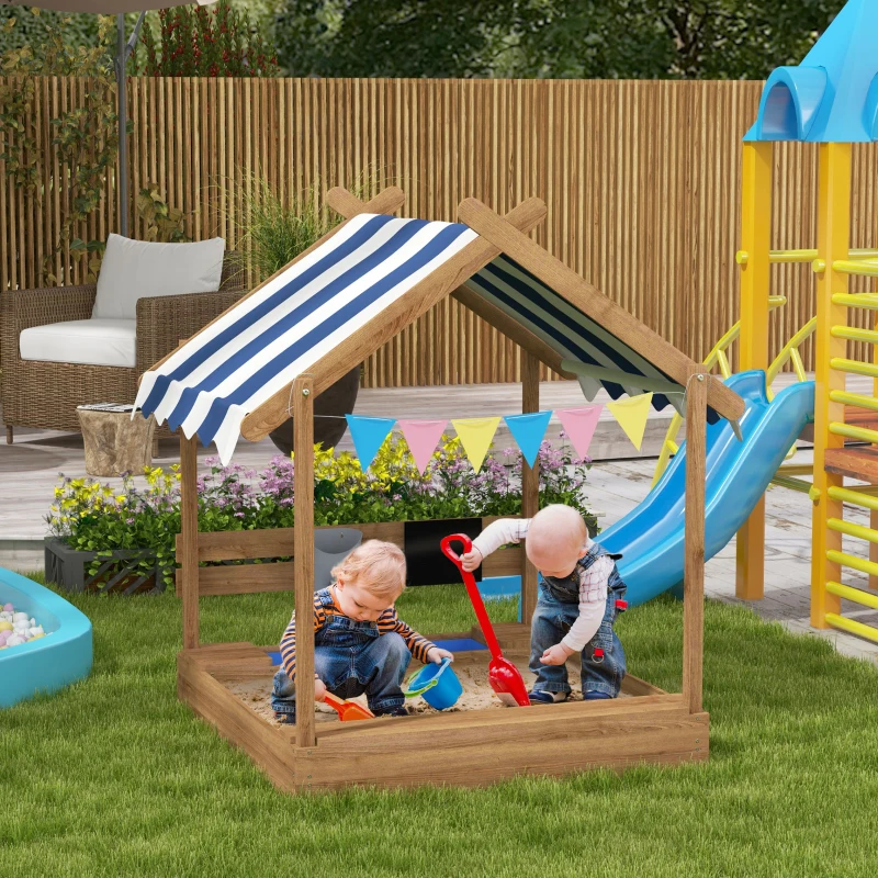 Outsunny Bac à sable bois forme de maison pour enfant avec auvent 2 bacs évier tableau 124 x 116 x 146 cm noir