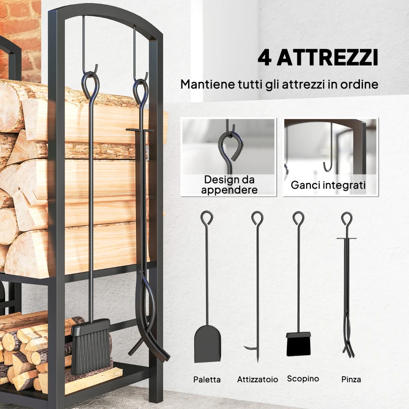 Outsunny Portalegna da Interno ed Esterno Rialzato a 2 Ripiani, Porta Legna da Ardere in Metallo con Paletta, Scopa, Attizzatoio e Pinza, Capacità 100 kg, 40x30x74.5 cm, Nero