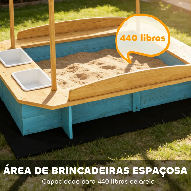 AIYAPLAY Caixa de Areia Infantil de Madeira com 2 Caixas de PP Caixa de Areia para Crianças de 3-6 Anos 128x118x121 cm Azul e Madeira