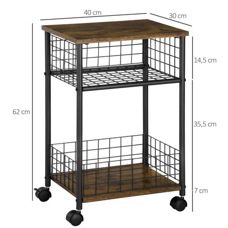 HOMCOM Cărucior cu role, cărucior de servire, 2 compartimente deschise, plan de lucru și role, 40 x 30 x 62 cm, marron