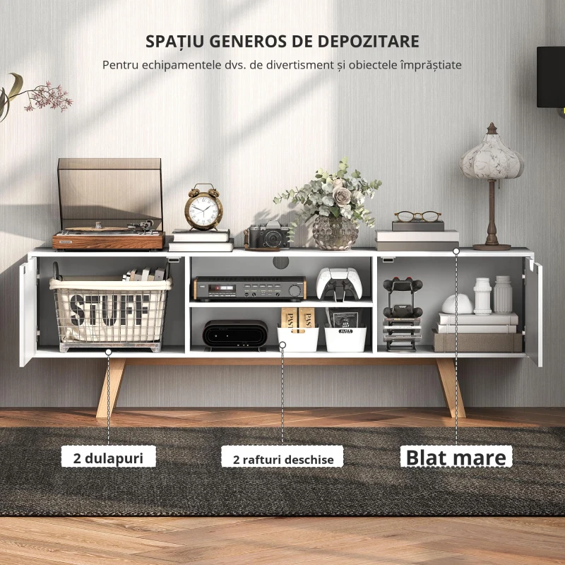 HOMCOM Suport TV cu sertare și rafturi deschise, MDF, 150 x 39 x 50 cm, Alb