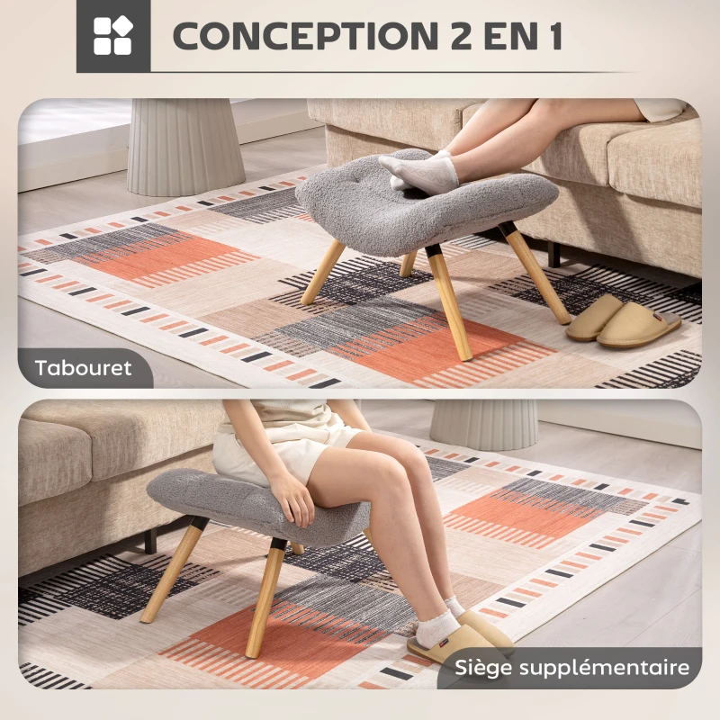 HOMCOM Repose pied salon ottoman pouf salon tabouret de canapé en tissu avec pieds en bois de hêtre, siège rembourré, gris
