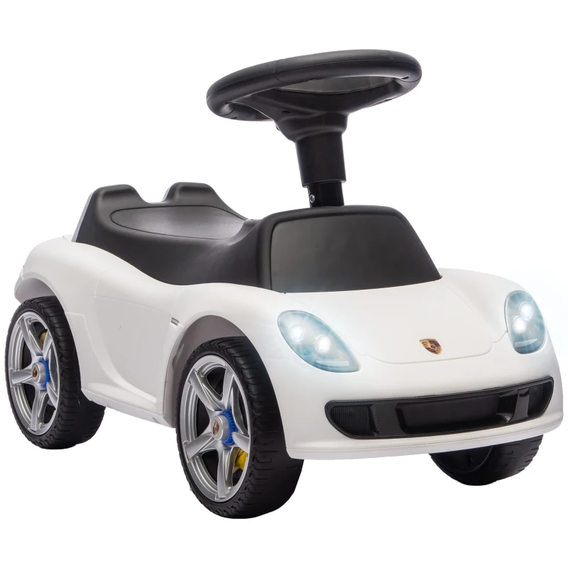 AIYAPLAY Voiture porteur pour enfant Porsche sous licence, véhicule à pousser avec klaxon lumières et bruitage de démarrage, blanc