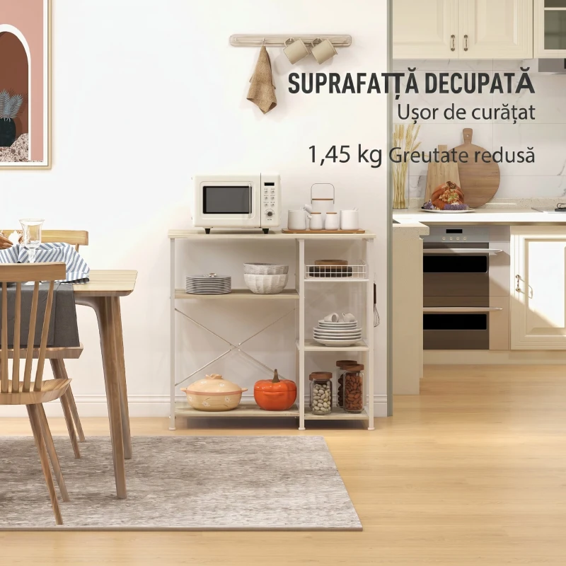 HOMCOM Dulap de Bucătărie Modern cu 4 Rafturi, Coș și Cârlige din Lemn și Oțel, 90x40x84.5cm, Stejar și Alb