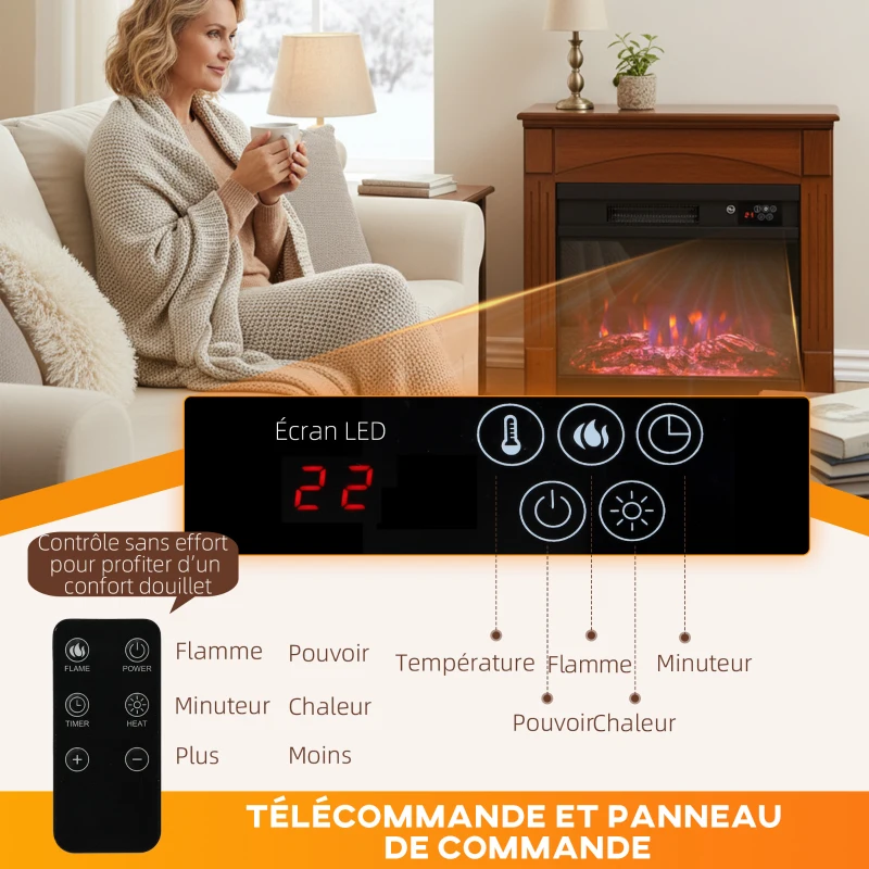 HOMCOM Cheminée électrique 1000W/2000W, fausse cheminée effet flamme 3D à 6 couleurs et 3 luminosités, 68,5x27,5x63cm, marron