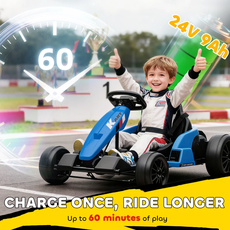 AIYAPLAY 24V Electric Go Kart, Drift Kart with Adjustable Seat, Slow Start, 5-Point Harness, Music, for 6-12 Years, Blue