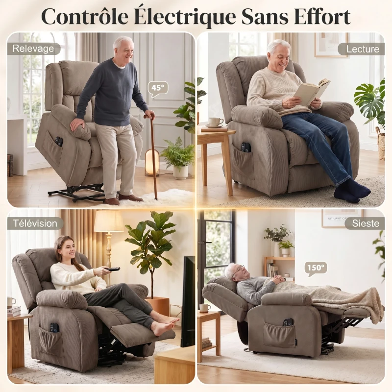 HOMCOM Fauteuil releveur électrique massage et chauffage avec repose-pied, dossier inclinable, télécommande et poche latérale(m-4)